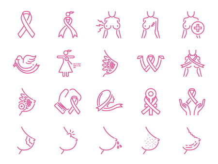 Breast cancer sign icon set. Included icons as ribbon, awareness, symptoms, nipple and more.のイラスト素材
