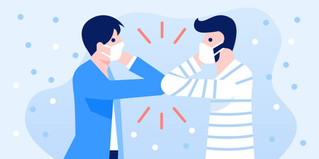 People greeting with long distance for prevent the Covid-19 infection. Coronavirus pandemic prevention. Social distancing concept illustration.のイラスト素材