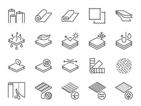 Fabric icon set. It included icons such asÂ textile, wool, fur, corduroy, cotton, and more.のイラスト素材