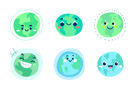 Cute Earth illustration Set. Hand drawn vector doodle with different funny earth faces.のイラスト素材