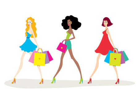 Beautiful young women with shopping bags isolated on white background  Fashion vector illustration, fashion models のイラスト素材
