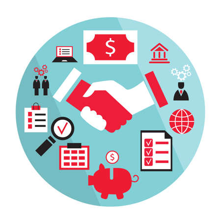 Flat design business elements handshake saving money piggy bank partnership concept and etc Vector illustrationのイラスト素材