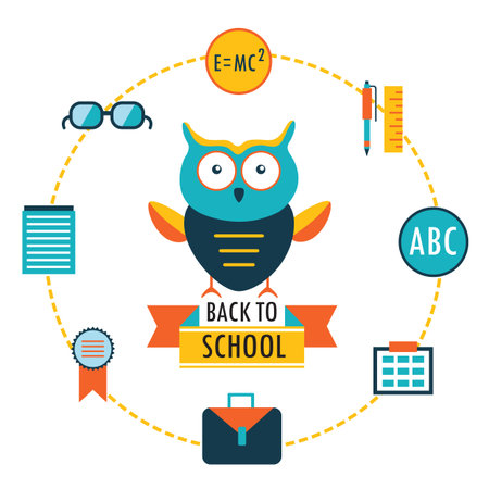 Back to school background with study theme icons Lovely cartoon owl Vector illustrationのイラスト素材
