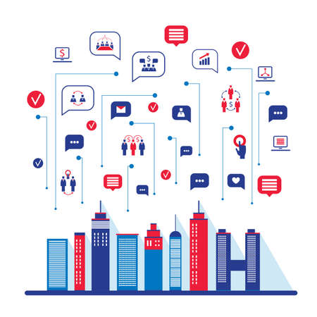 City social network Urban landscape filled with business icons communication concept City infographic elements Modern flat design style Vector illustrationのイラスト素材