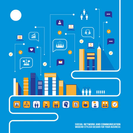 City social network Urban landscape filled with business icons communication concept City infographic elements Modern flat design style Vector illustrationのイラスト素材