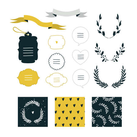 Hand drawn design elements collection Label ribbon wreath sign symbol Vector illustrationのイラスト素材