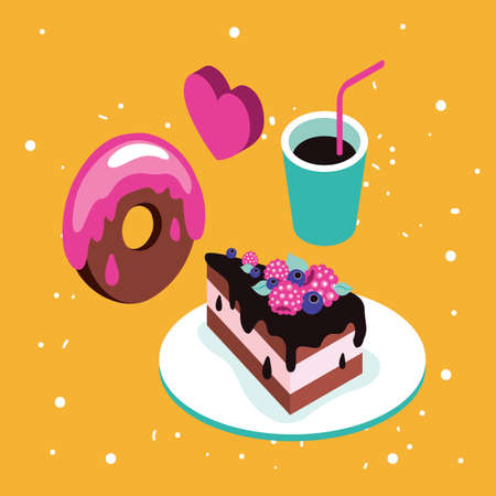 Sweet menu Delicious dessert cake chocolate donut coffee set background Vector illustrationのイラスト素材
