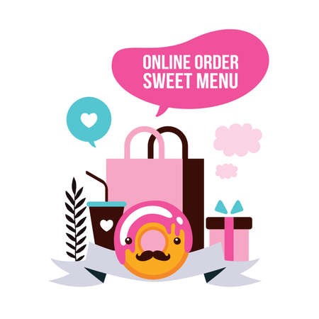 Food delivery set Sweet dessert shopping Delicious dessert Donut Coffee  Vector illustrationのイラスト素材