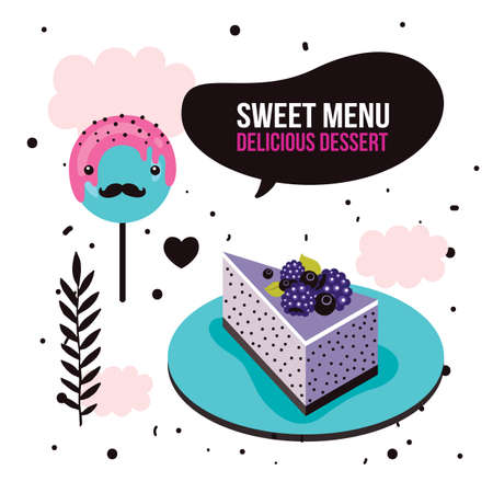Sweet menu Delicious dessert blackberry cake lollipop set background Vector illustrationのイラスト素材