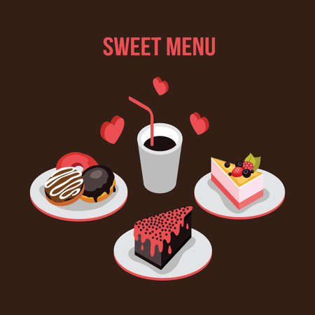 Delicious dessert poster Donut Cake Coffee background Food  isometric style Vector illustrationのイラスト素材
