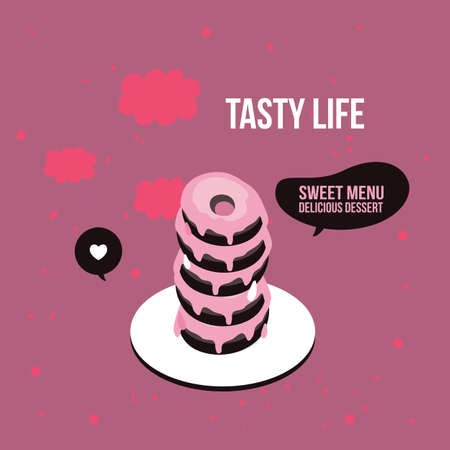 Delicious cute donut dessert poster Modern flat isometric 3d style Vector illustrationのイラスト素材
