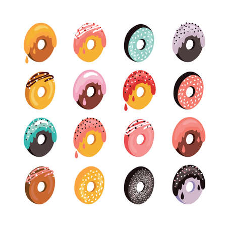 Delicious donut icon set Sweet dessert flat isometric 3d design Vector illustrationのイラスト素材