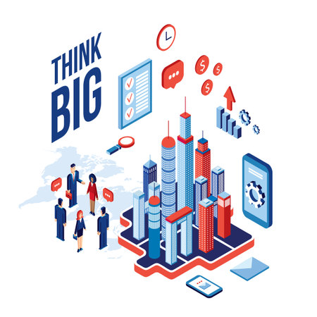 Isometric city business people and icons Technology Success Communication concept Vector illustrationのイラスト素材