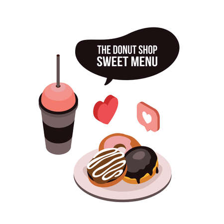 Delicious food Coffee Tea cup and dessert donut Isometric Vector illustrationのイラスト素材