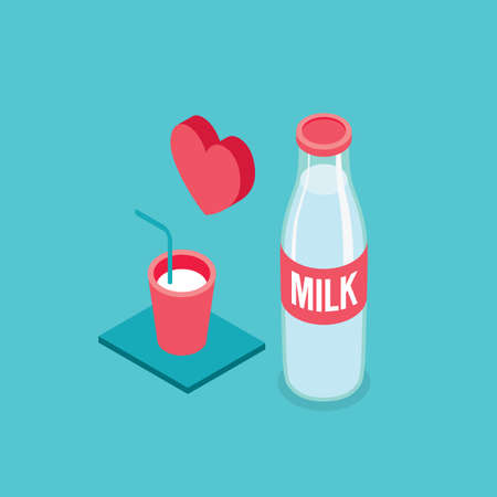 Milk bottle and glass Modern Isometric design Vector illustrationのイラスト素材