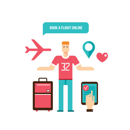 Young man ready for vacation Flight booking design elements Vector illustrationのイラスト素材