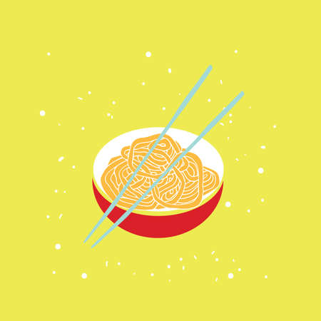 Hand drawn noodles bowl with chopsticks Colorful banner Asian cuisine Vector illustrationのイラスト素材