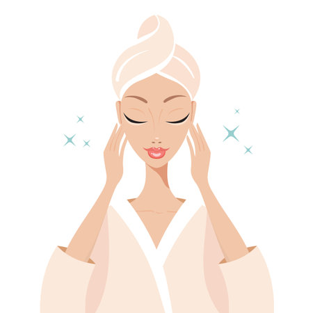 Beautiful young woman touching her face Beauty Spa Skincare concept Vector illustrationのイラスト素材