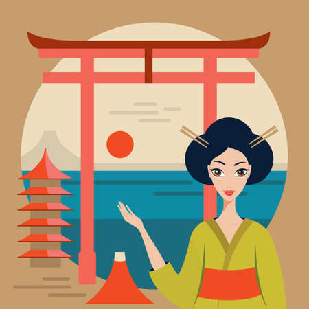 Beautiful Japan Travel banner with Geisha Mountain Fuji Torii and temple Vector illustrationのイラスト素材