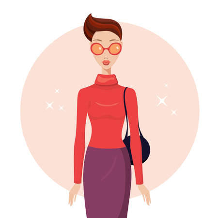 Stylish young woman wearing trendy clothes sunglasses Fashion model portrait Vector illustrationのイラスト素材
