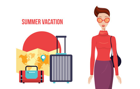 Stylish young woman with packed travel bags Ready for vacation Vector illustrationのイラスト素材