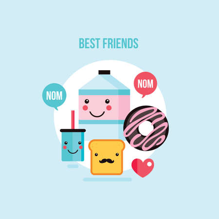 Food Drink cartoon characters Milk carton Glass Donut Toast bread Vector illustrationのイラスト素材