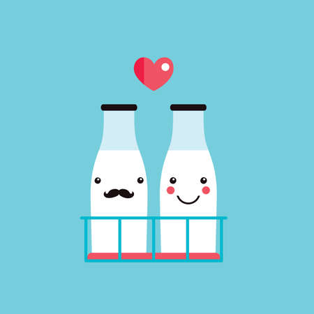 Milk bottles couple cute hipster cartoon characters with mustache smile Vector illustrationのイラスト素材