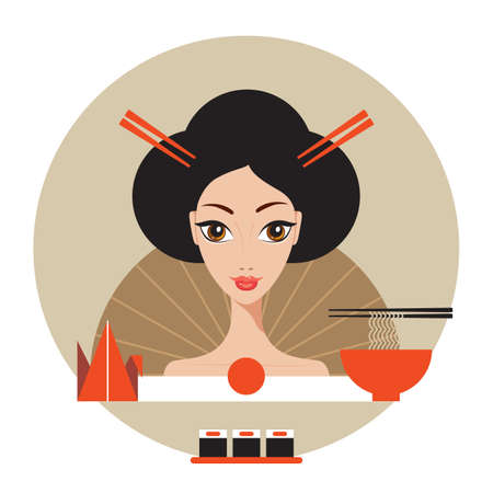 Beautiful Japan Travel banner with Geisha Sushi Origami and Noodles Vector illustrationのイラスト素材