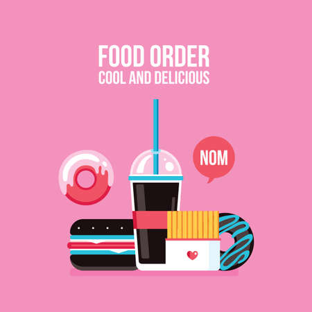 Fast food icons Drink Hamburger Hot dog Donut French fries Vector illustrationのイラスト素材