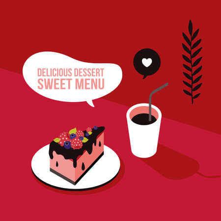 Delicious piece of cake with fruits and coffee Colorful backgroundのイラスト素材