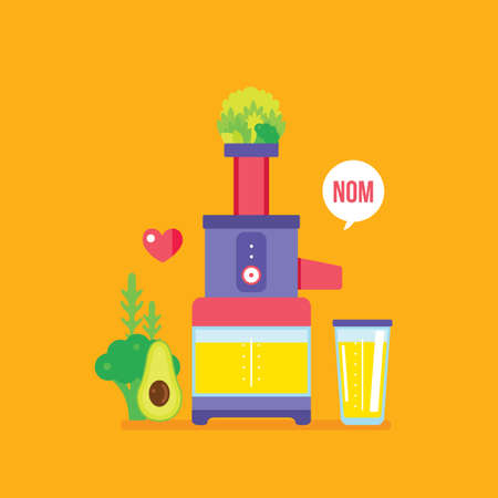 Juicer and fresh fruits greens vegetables Colorful healthy food banner Vector illustrationのイラスト素材