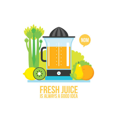 Juicer Fresh vegetables greens and fruits on white background Vector illustrationのイラスト素材