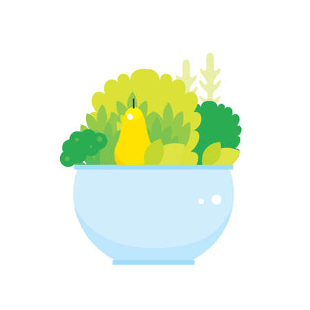 Fresh green vegetables and fruits bowl isolated on white backgroundのイラスト素材