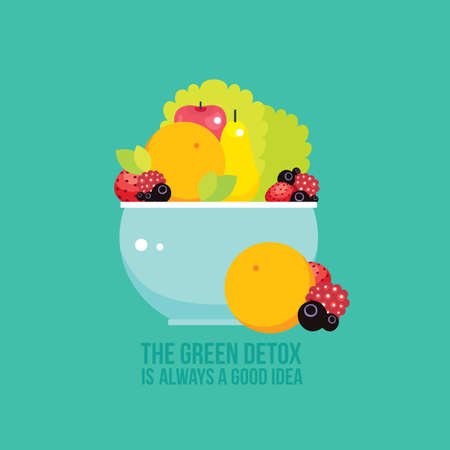 Fresh vegetables greens fruits berries bowl colorful background Vector illustrationのイラスト素材
