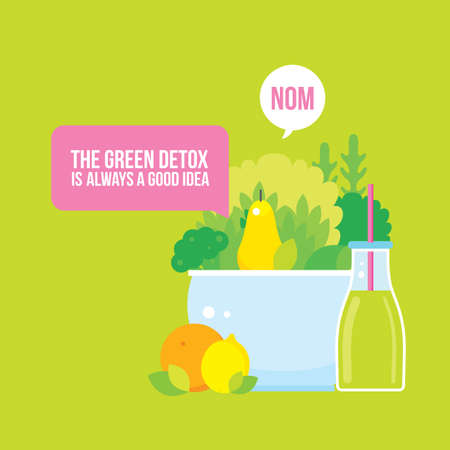 Fresh vegetables greens fruits bowl and bottle of smoothie juice Vector illustrationのイラスト素材