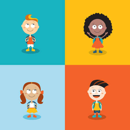 Cute kids ready go back to school. Cartoon characters set. Vector illustrationのイラスト素材