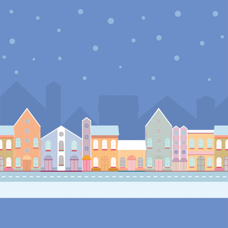 House buildings, home seamless background pattern. Street view in small city, town with road in winter time, snowing. Colorful wrapping paper, postcard, banner design template. Vector illustration.のイラスト素材