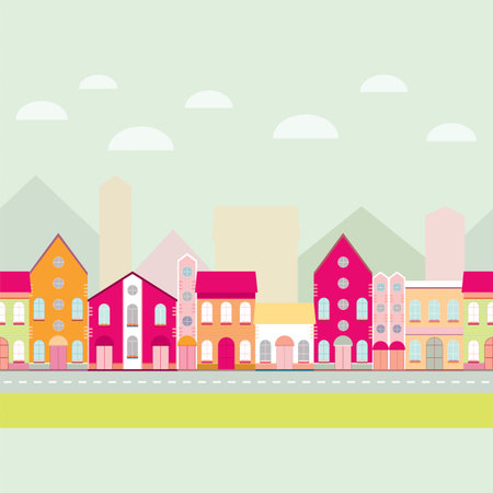 House buildings, home seamless background pattern. Colorful wrapping paper, postcard, banner design template. Vector illustration.のイラスト素材