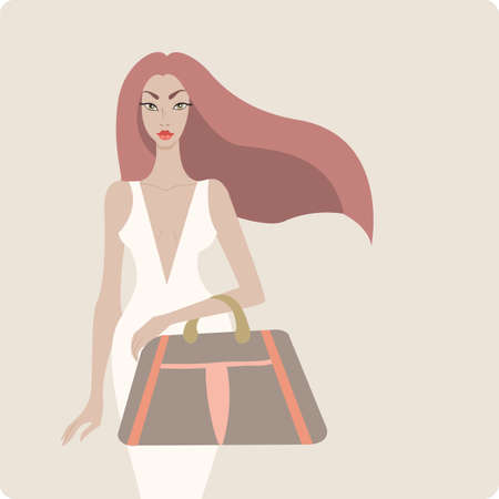 Young stylish beautiful woman wearing luxury dress and holding designer bagのイラスト素材