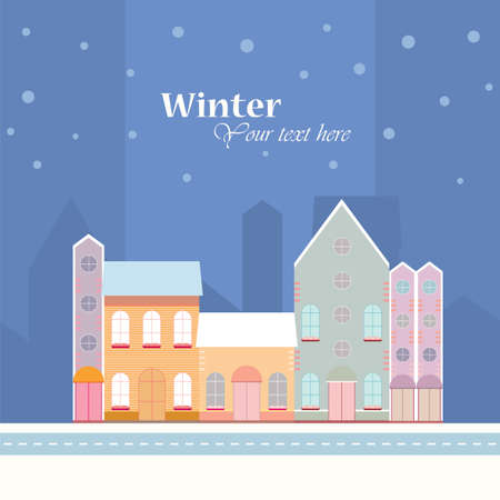Winter background.House buildings, home, street view in small city, town with road in winter time, snowing.Colorful postcard, banner design template. Vector illustration.のイラスト素材