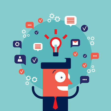 Happy excited businessman with bright idea and business icons Vector illustrationのイラスト素材