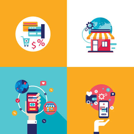 Online shopping e-commerce mobile payment and successful business concept banner set. Vector illustrationのイラスト素材