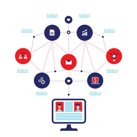Computer monitor with web icons Social network Communication Business concept Vector illustrationのイラスト素材