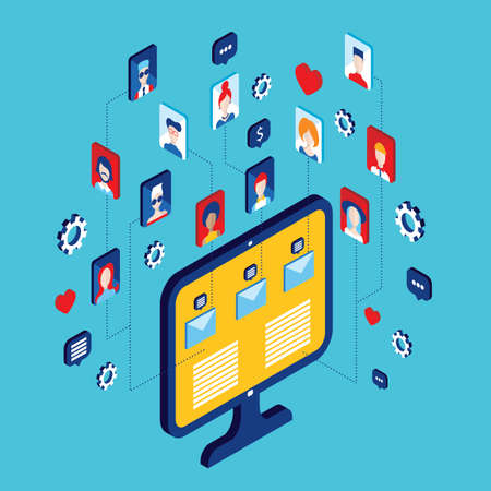 Social network and technology concept Modern flat isometric design Vector illustrationのイラスト素材