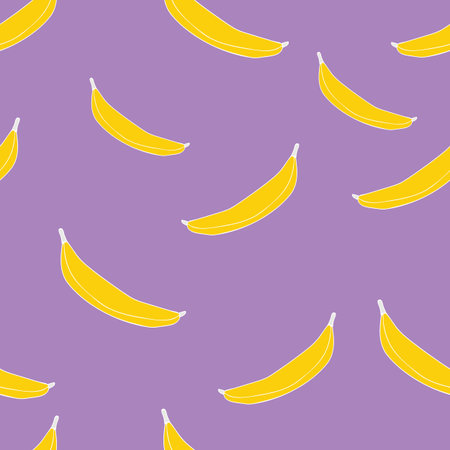 Yellow ripe bananas on purple background seamless pattern Unique Hand drawn elements Summer tropical...