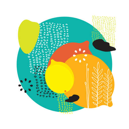 Scandinavian style banner with lemons abstract and floral elementsVector illustrationのイラスト素材