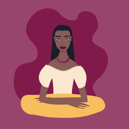 Pretty young exotic ethnicity mixed race woman sitting at table wearing beautiful beige dress necklace Lovely girl portrait Straight long black hair nice make-up Hand drawn Cartoon character.のイラスト素材