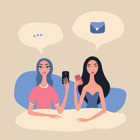 Modern communication technology concept Two girls messaging using mobile phonesのイラスト素材