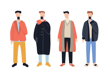 Group of stylish cartoon man characters wearing casual clothes using phones isolated on white...