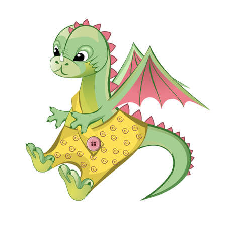 Illustration of Cute Cartoon baby dragon in shorts pointing のイラスト素材